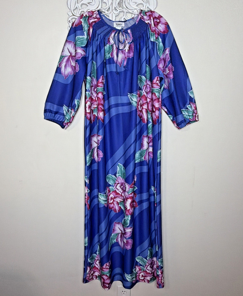VTG Muumuu Dress S Resort Cruise Caftan Midi Boho Floral Tropical Hibiscus Blue